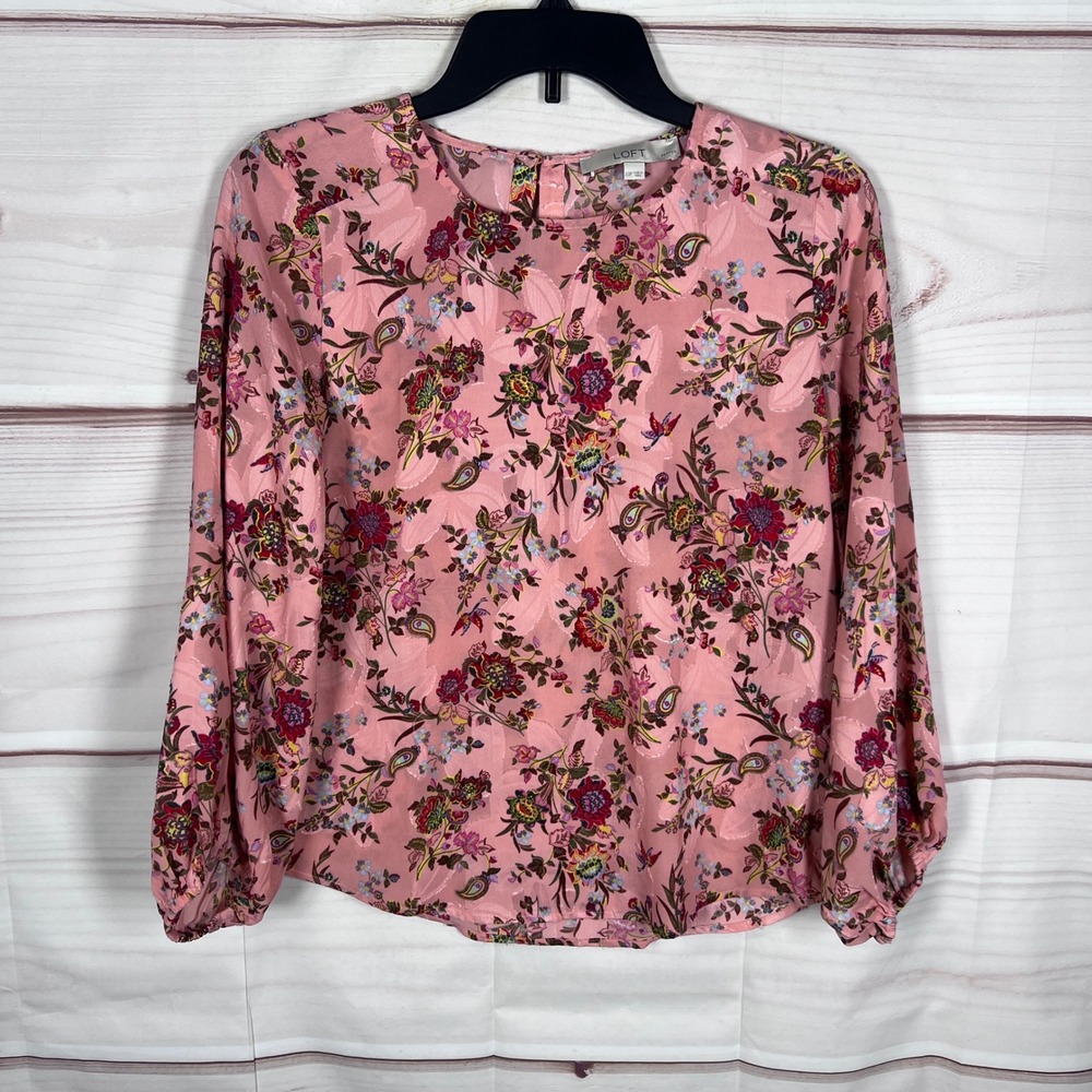 LOFT Blouse Womens PXS Pink Floral Long Sleeve Clip Dot Paisley Top Pullover
